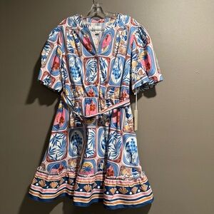 Joie Blue and Orange Patterned Tropical Hawaii Cotton Blend  Dress Size 14